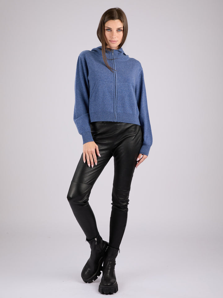 Cashmere cropped zip-up hoodie with pockets and a hood #BLUE