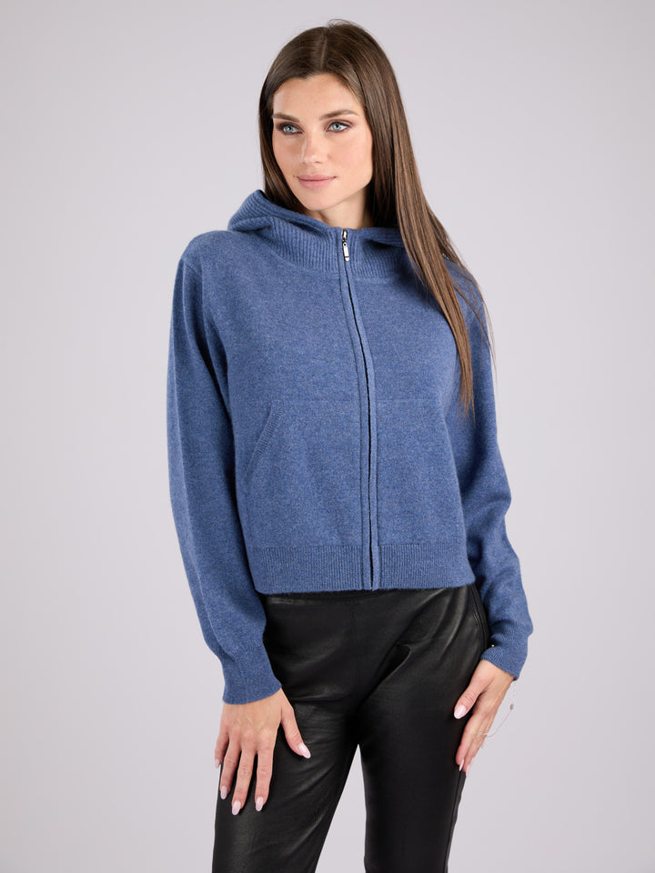 Cashmere cropped zip-up hoodie with pockets and a hood #BLUE