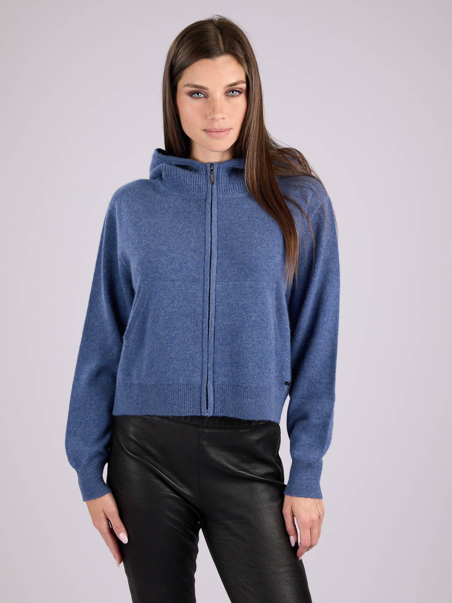 Cashmere cropped zip-up hoodie with pockets and a hood #BLUE