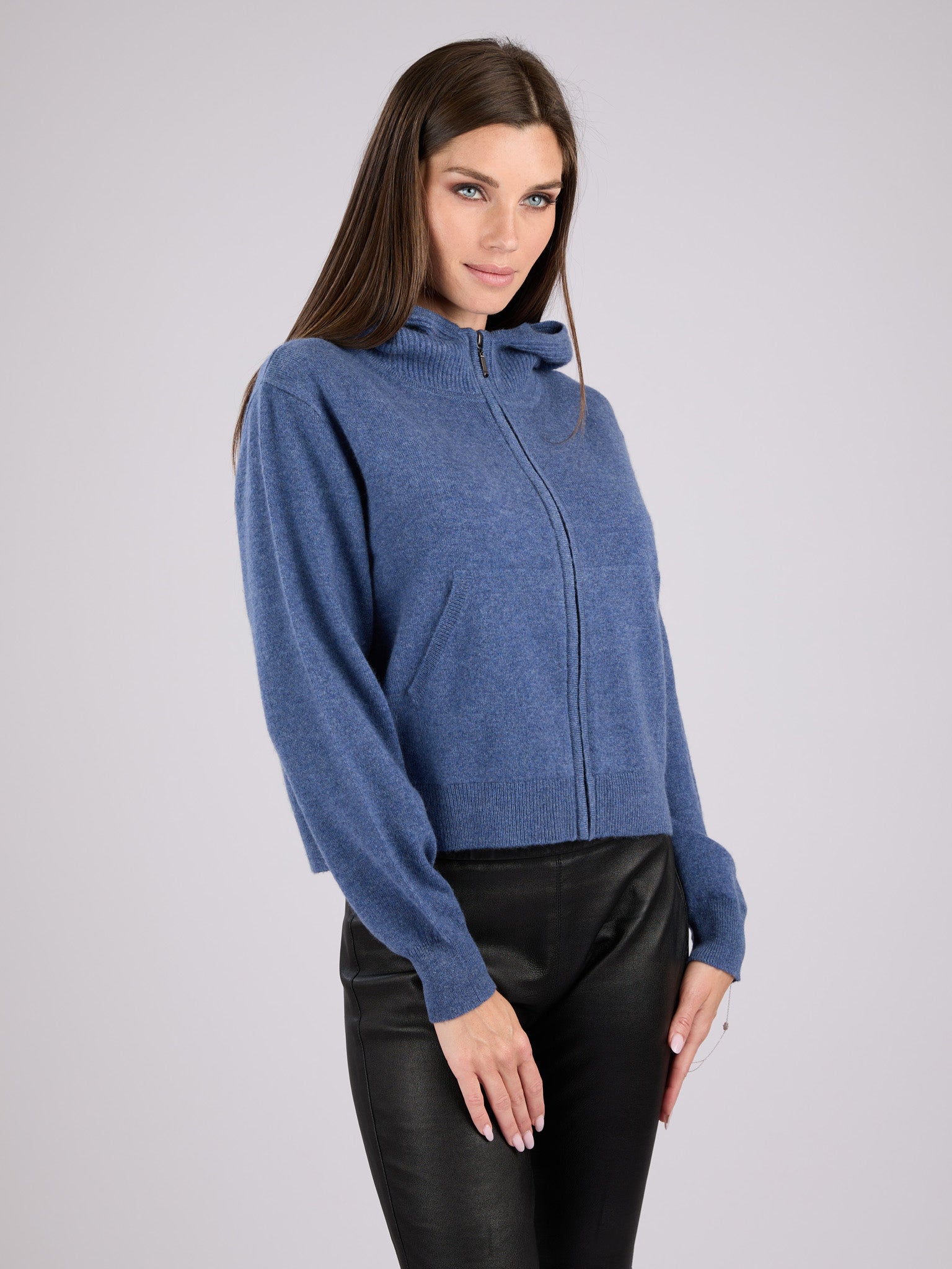 Cashmere cropped zip-up hoodie with pockets and a hood #BLUE