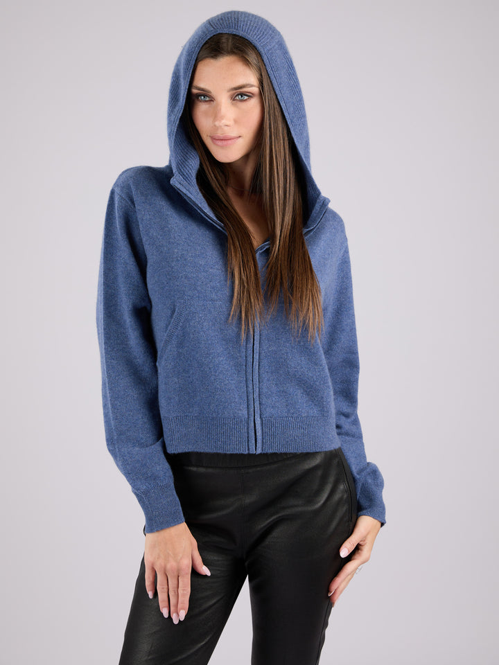 Cashmere cropped zip-up hoodie with pockets and a hood #BLUE
