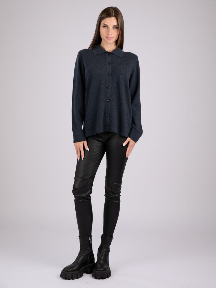 Cashmere button-up shirt with patch pocket and collar #INK