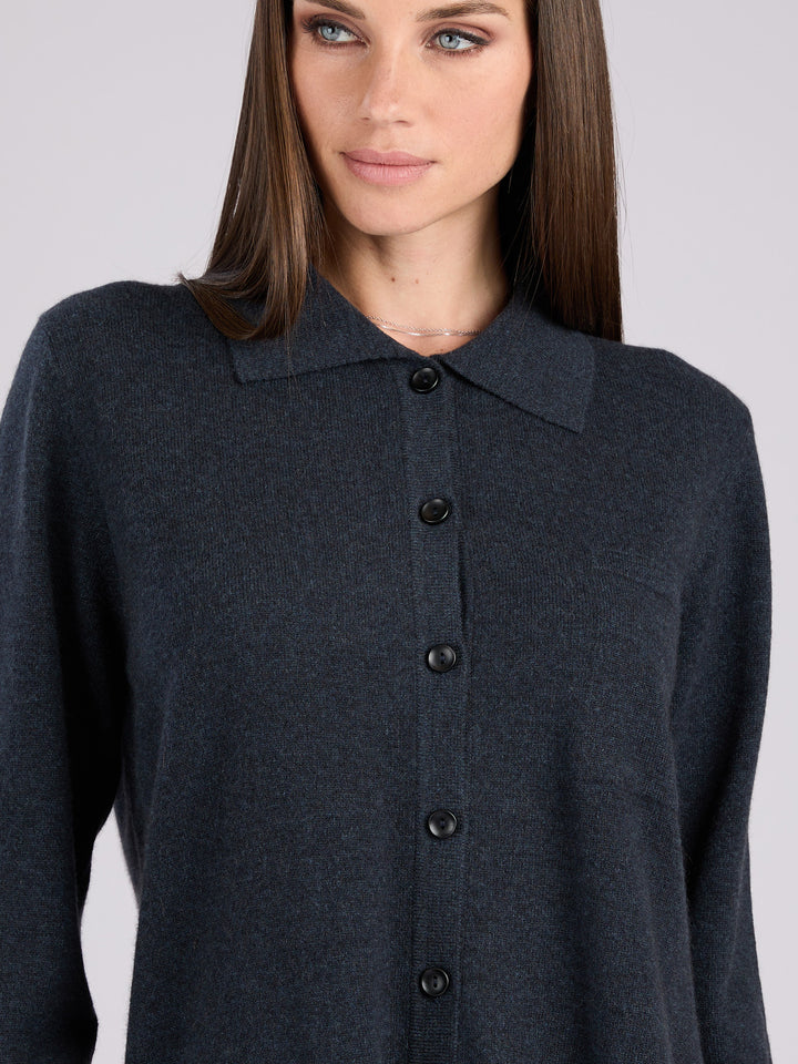 Cashmere button-up shirt with patch pocket and collar #INK