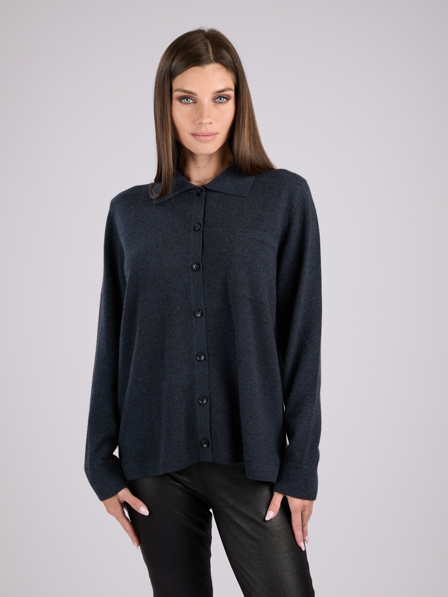 Cashmere button-up shirt with patch pocket and collar #INK
