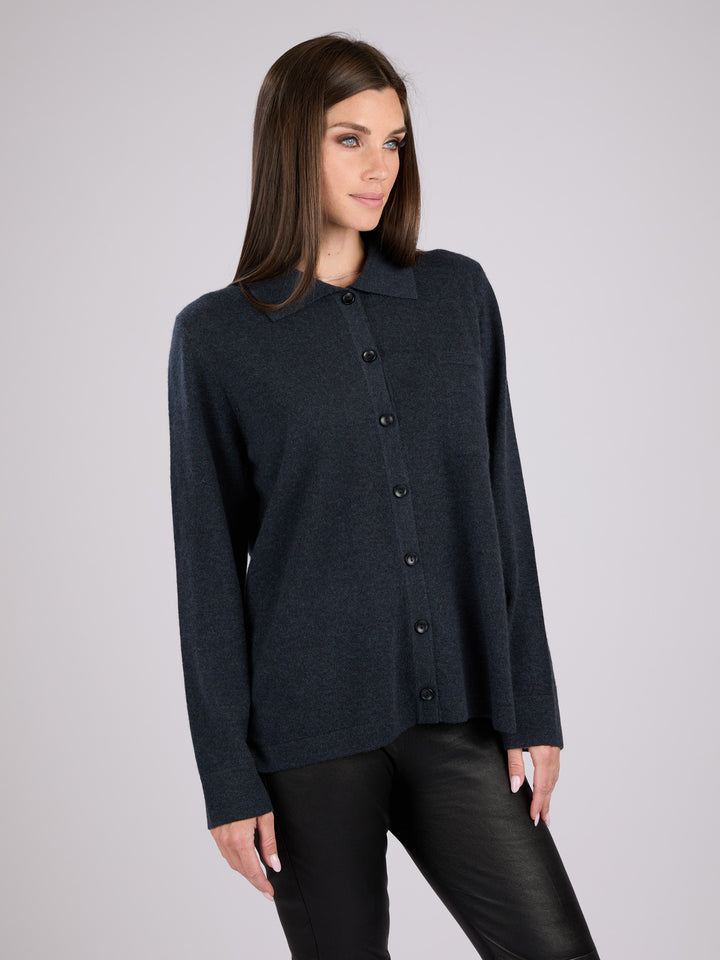 Cashmere button-up shirt with patch pocket and collar #INK