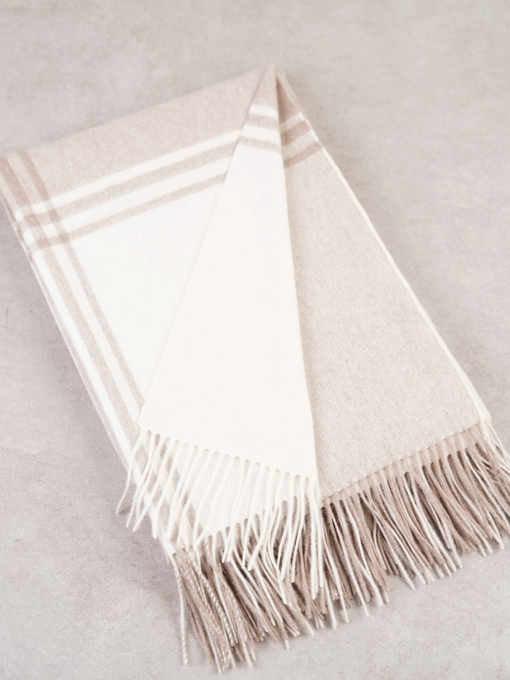 Woven cashmere throw blanket with fringed edges at the bottom #PEARL/OAT