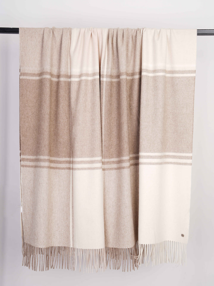 Woven cashmere throw blanket with fringed edges at the bottom #PEARL/OAT