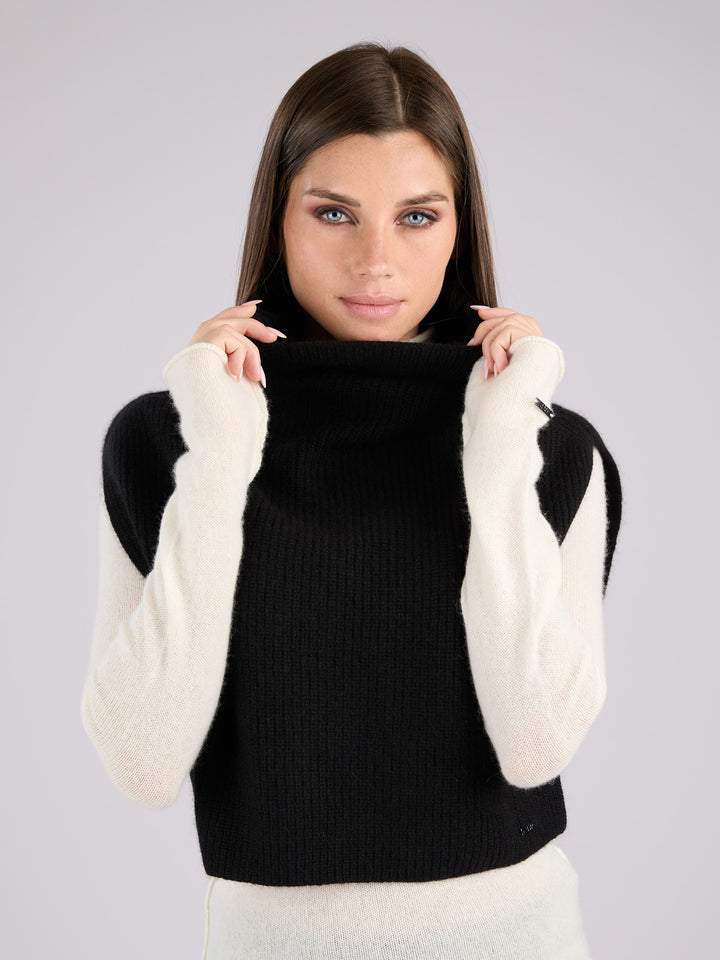 Cashmere sleeveless ribbed knit turtleneck sweater vest #BLACK