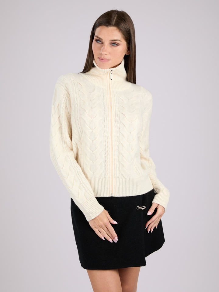 Cashmere cable-knit zip-up sweater with a mock neck collar #PEARL