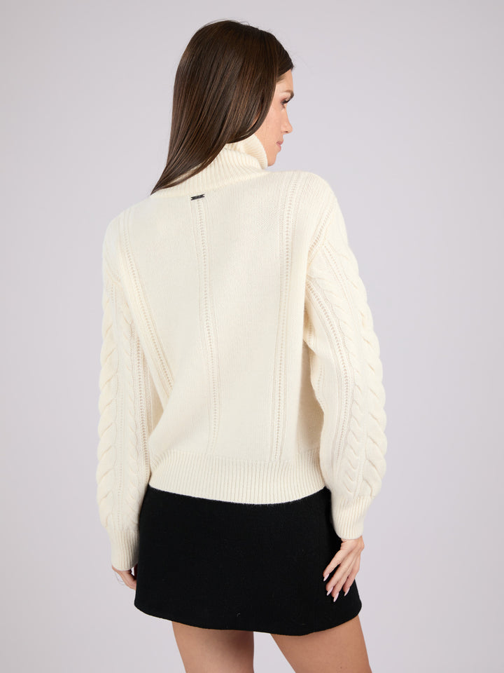 Cashmere cable-knit zip-up sweater with a mock neck collar #PEARL