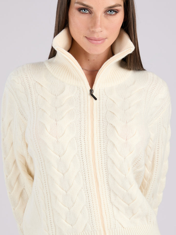 Cashmere cable-knit zip-up sweater with a mock neck collar #PEARL