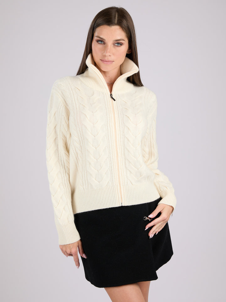 Cashmere cable-knit zip-up sweater with a mock neck collar #PEARL