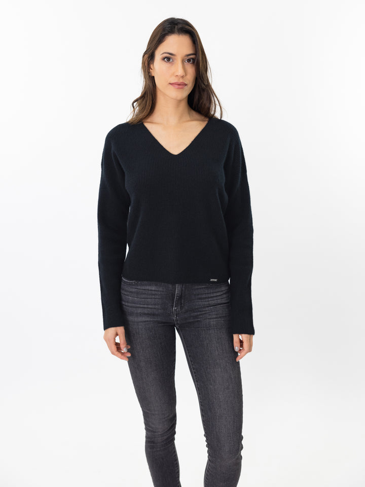 V neck fisherman knit sweater #BLACK