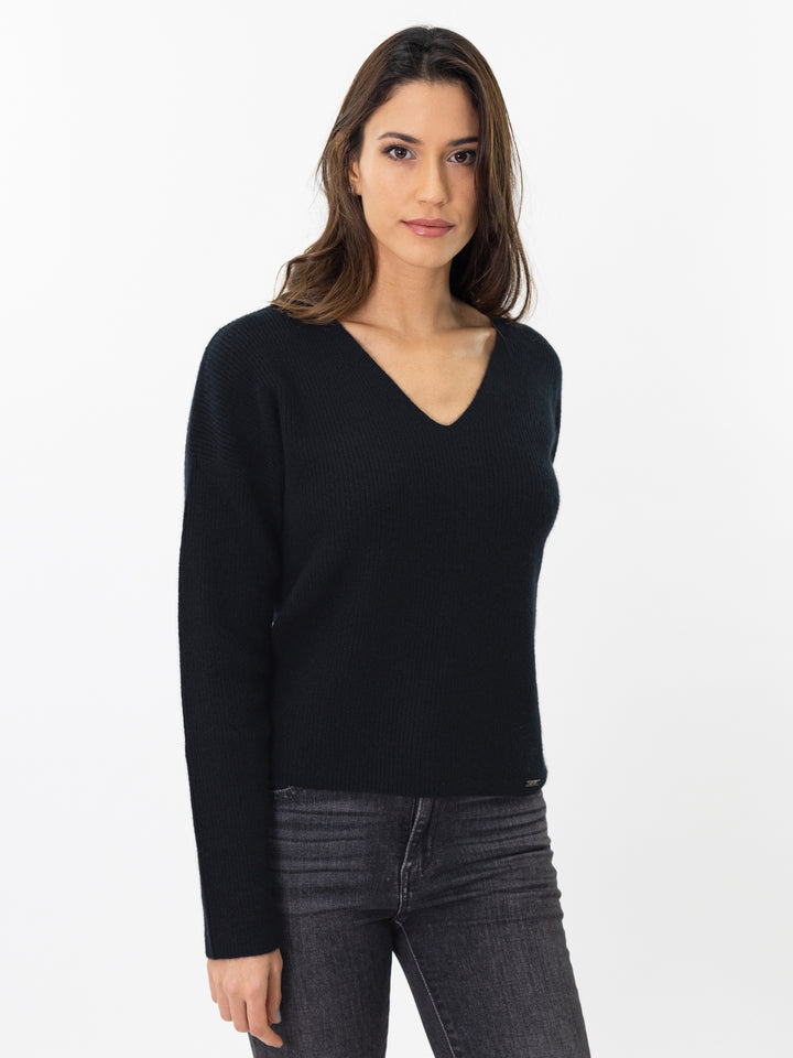 V neck fisherman knit sweater #BLACK