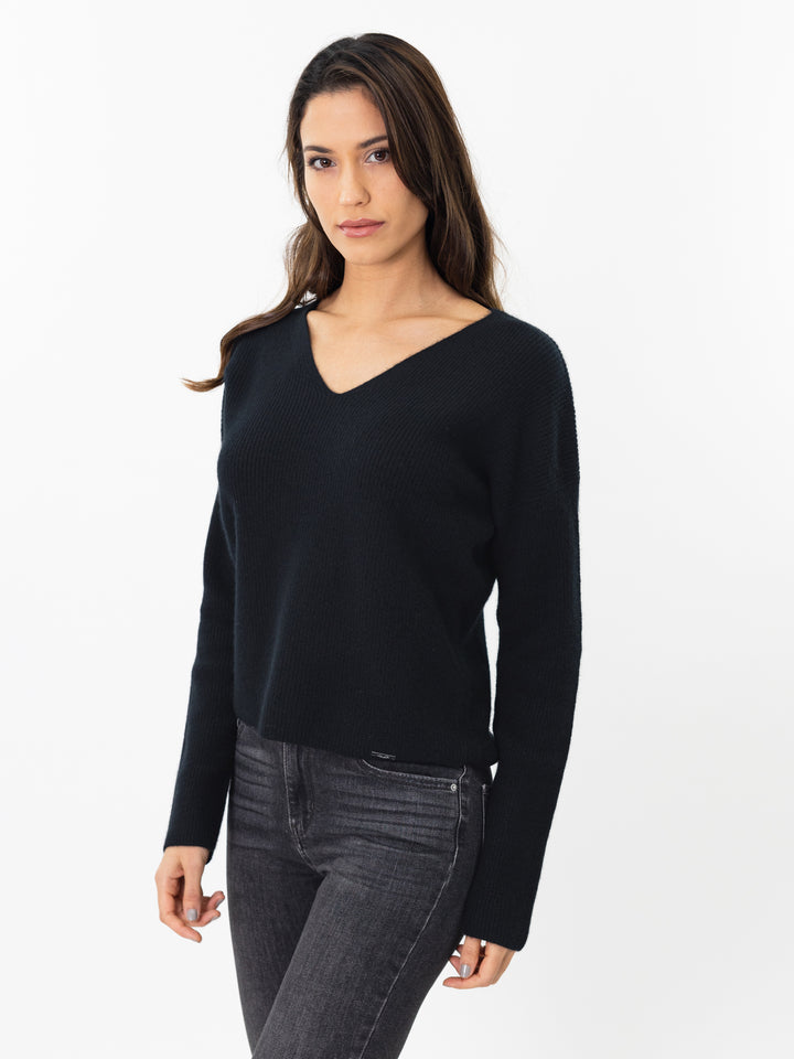 V neck fisherman knit sweater #BLACK