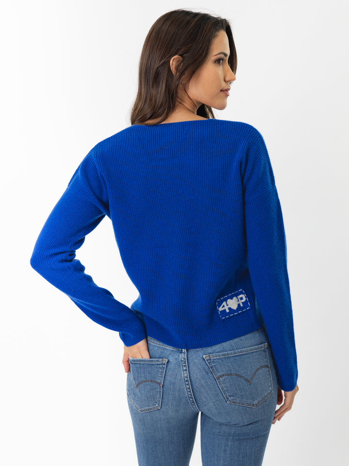 V neck fisherman knit sweater #COBALT