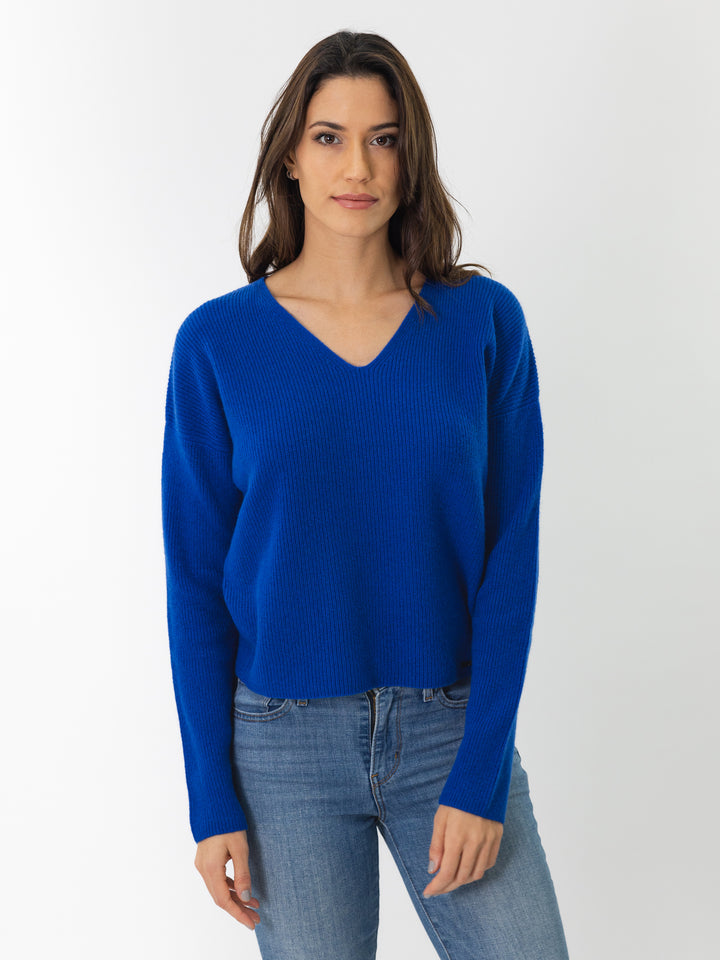 V neck fisherman knit sweater #COBALT