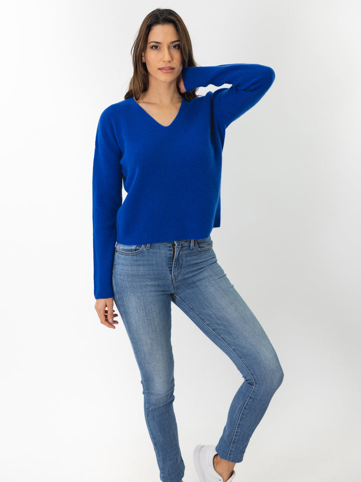 V neck fisherman knit sweater #COBALT