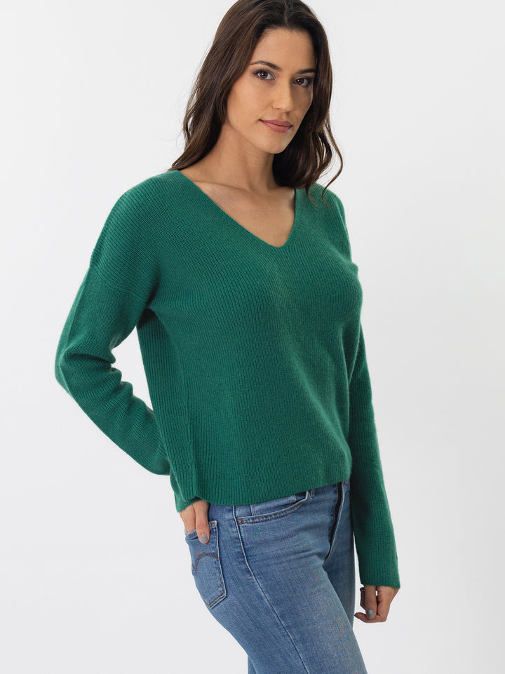 V neck fisherman knit sweater #EMERALD