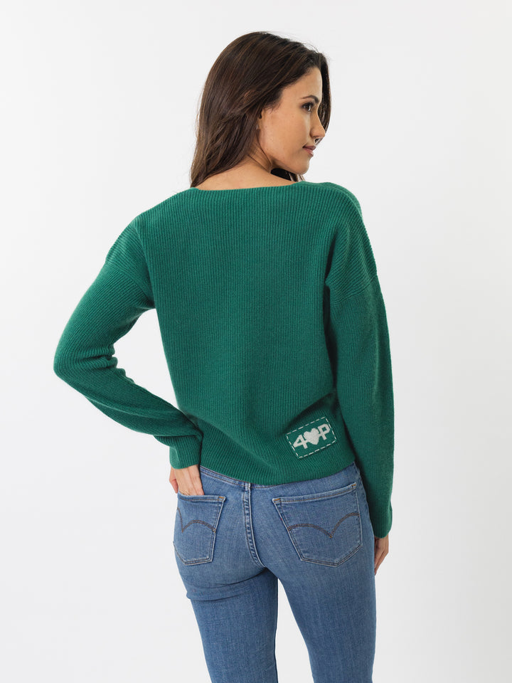 V neck fisherman knit sweater #EMERALD