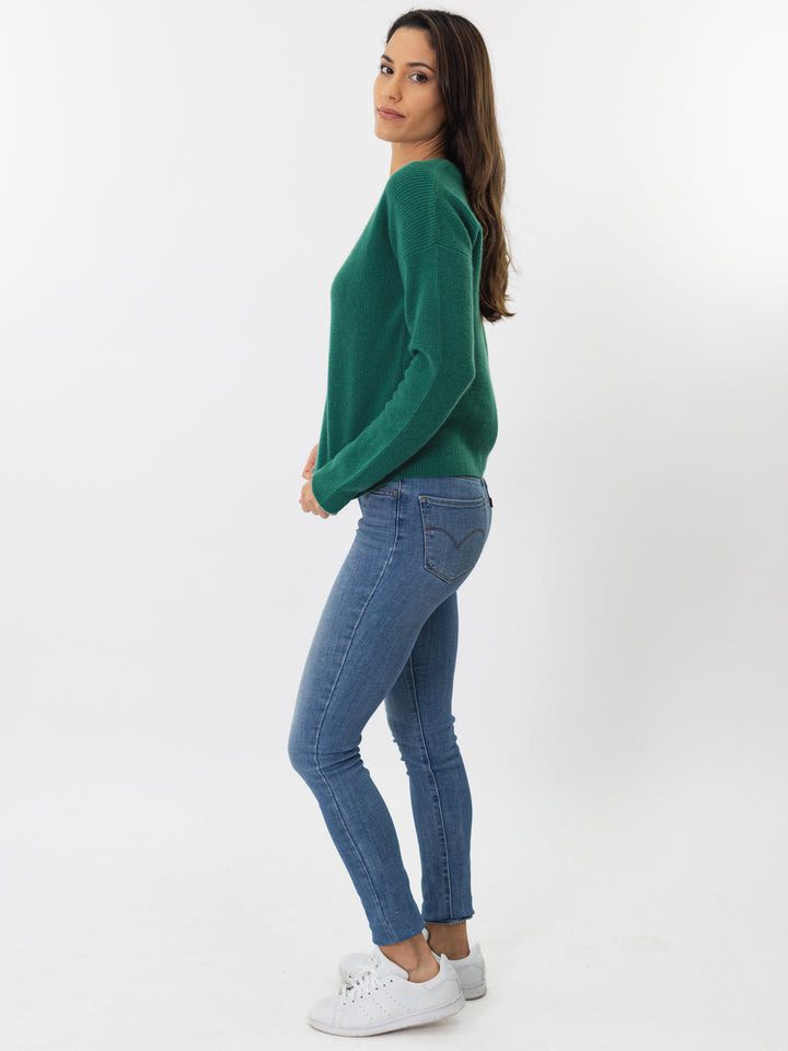 V neck fisherman knit sweater #EMERALD