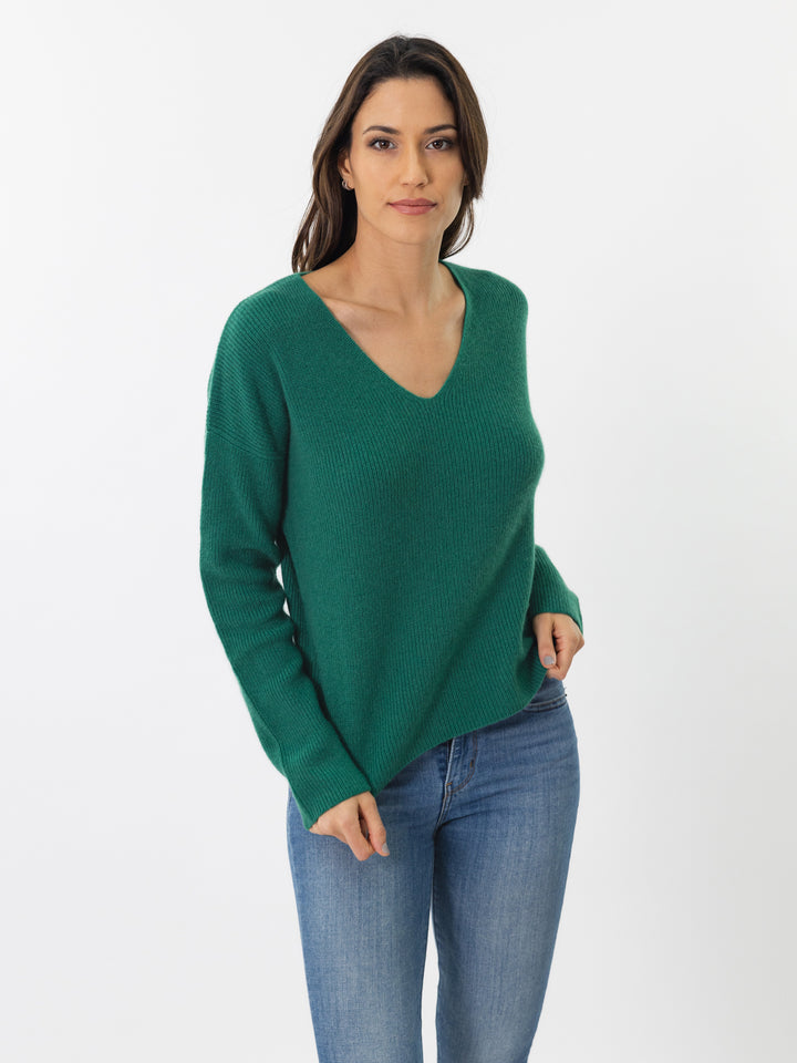 V neck fisherman knit sweater #EMERALD