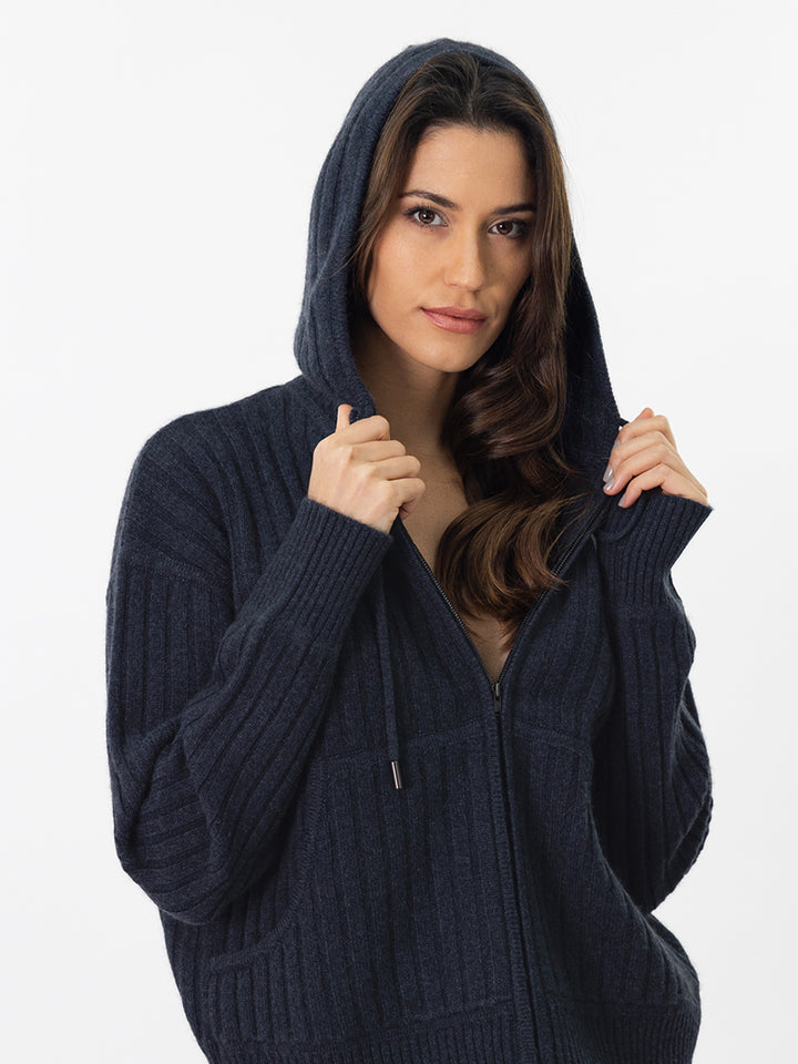 Cashmere Zip-Up Hoodie Cardigan #INK
