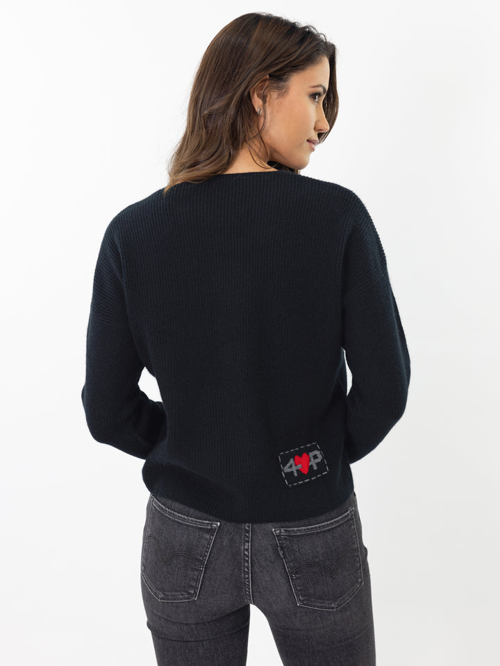 V neck fisherman knit sweater #BLACK