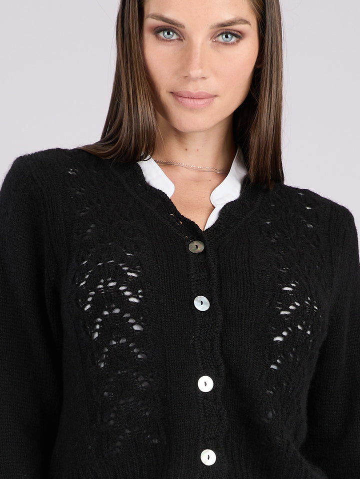 Cashmere long-sleeve knit cardigan with a button-up front and delicate lace-like knit patterns #BLACK