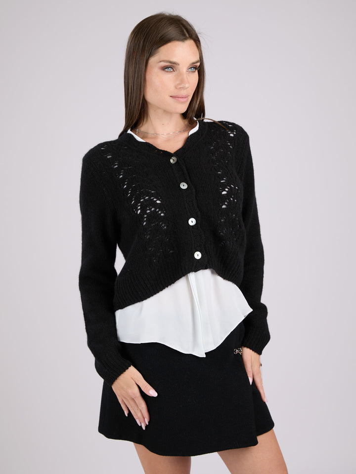 Cashmere long-sleeve knit cardigan with a button-up front and delicate lace-like knit patterns #BLACK