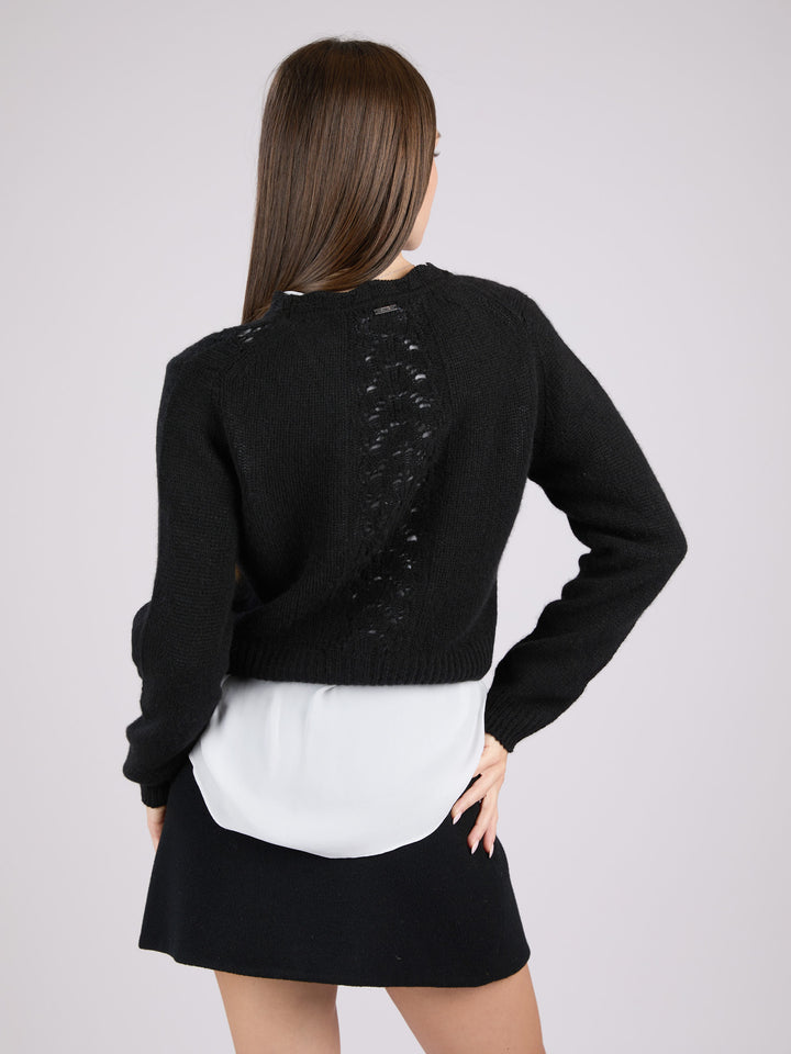 Cashmere long-sleeve knit cardigan with a button-up front and delicate lace-like knit patterns #BLACK