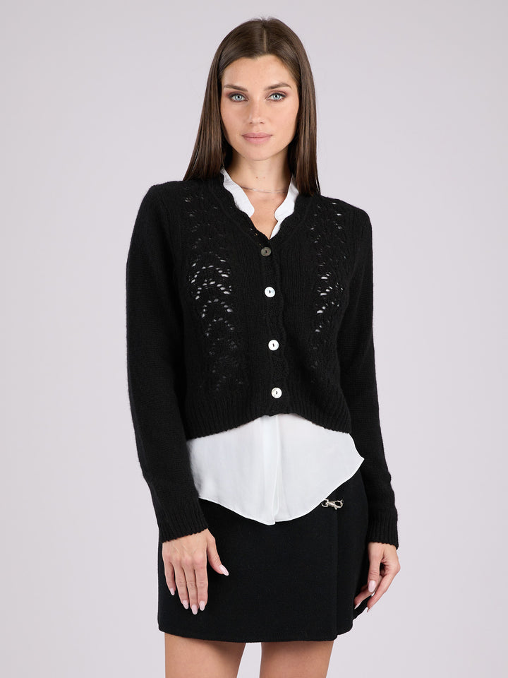 Cashmere long-sleeve knit cardigan with a button-up front and delicate lace-like knit patterns #BLACK