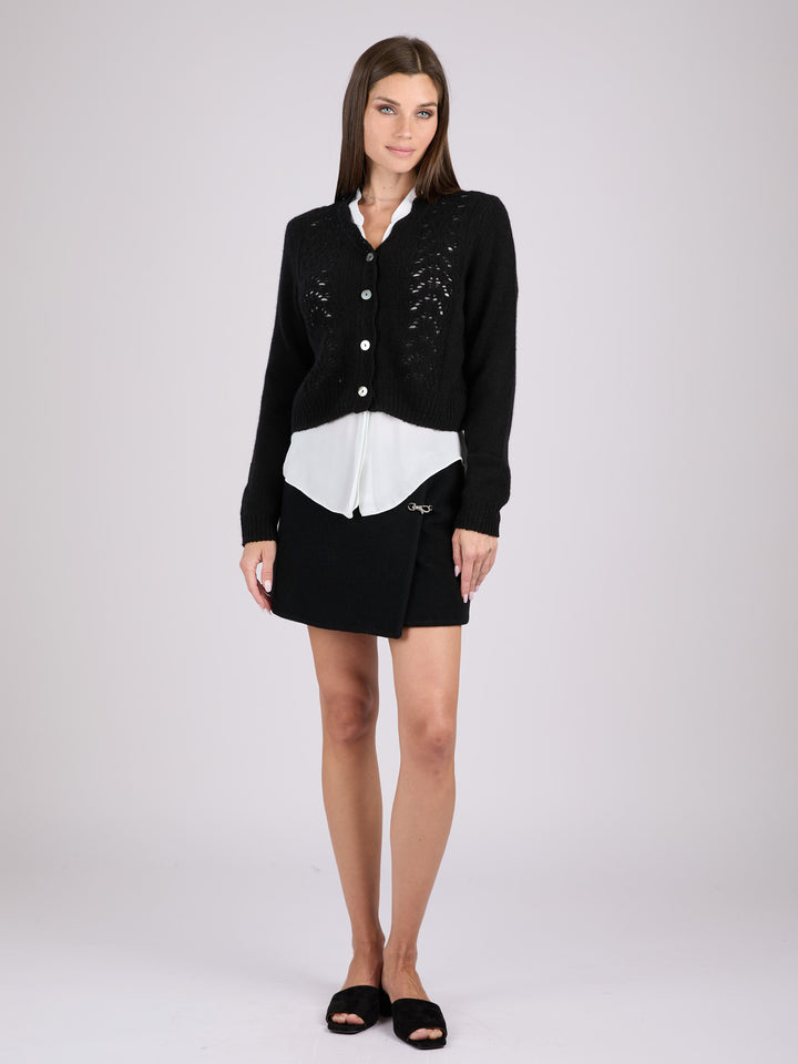 Cashmere long-sleeve knit cardigan with a button-up front and delicate lace-like knit patterns #BLACK