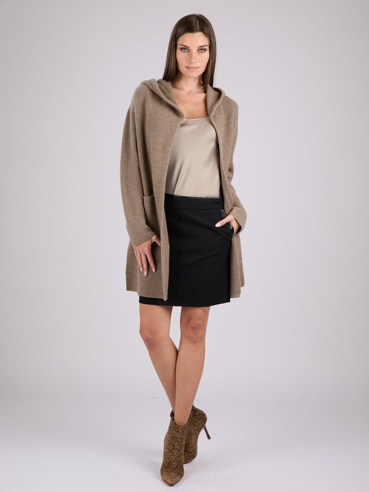 Cashmere rib knit hooded cardigan with large front patch pockets #FAWN