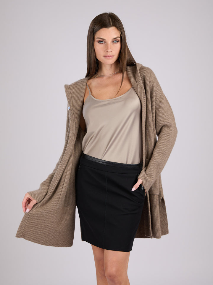 Cashmere rib knit hooded cardigan with large front patch pockets #FAWN