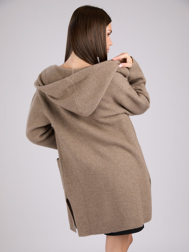 Cashmere rib knit hooded cardigan with large front patch pockets #FAWN