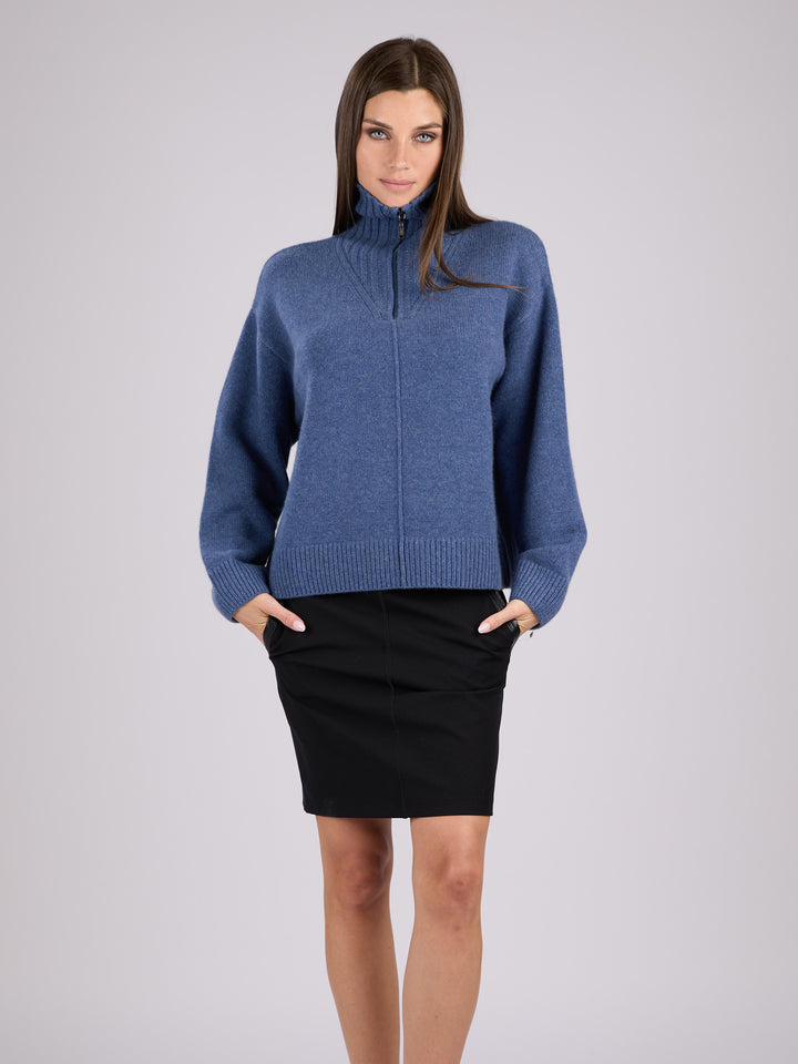 Cashmere ribbed knit half-zip sweater with a high collar #BLUE