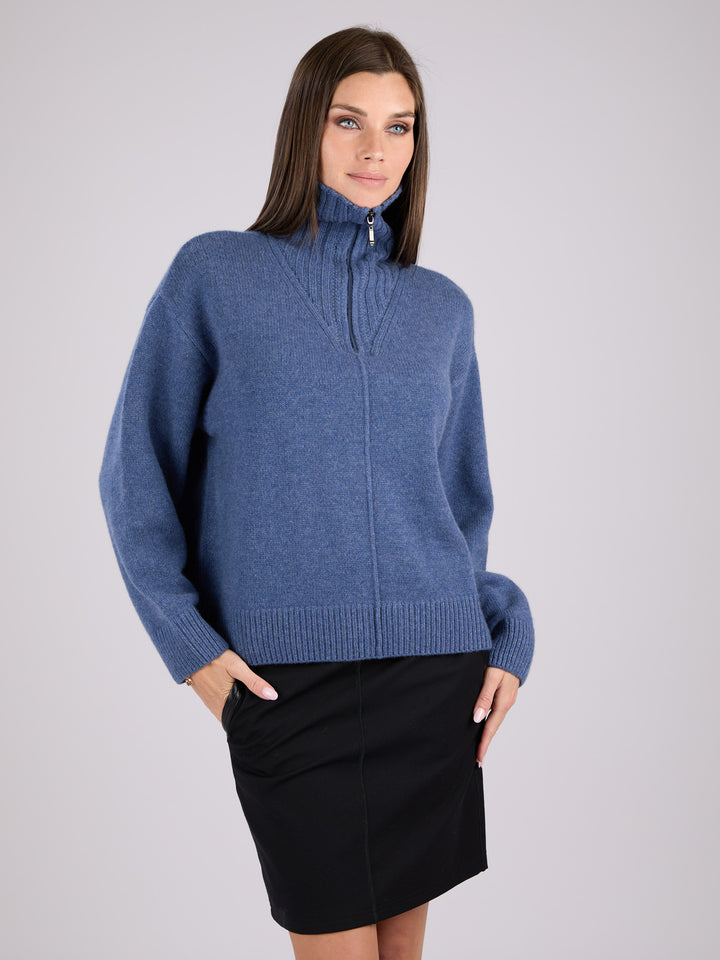 Cashmere ribbed knit half-zip sweater with a high collar #BLUE