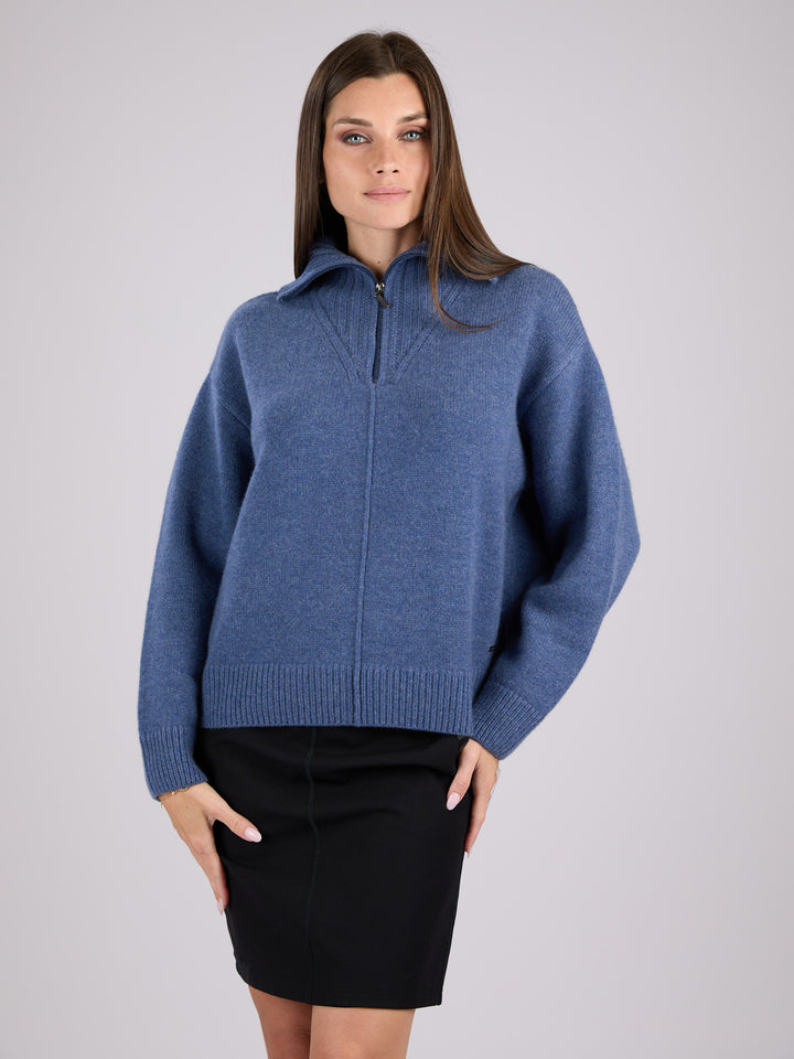 Cashmere ribbed knit half-zip sweater with a high collar #BLUE