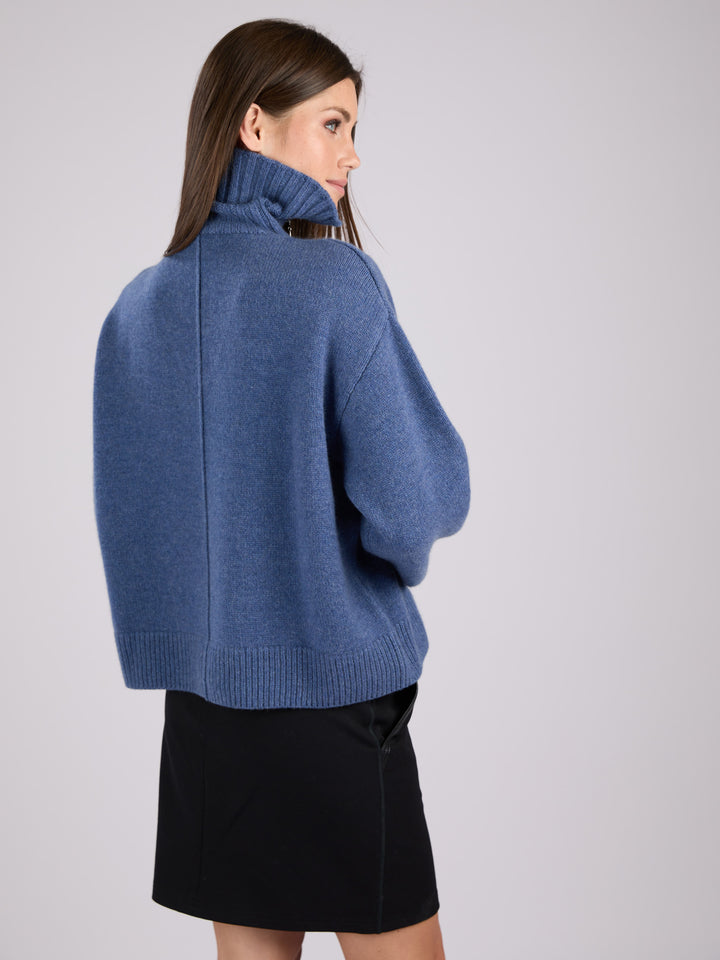 Cashmere ribbed knit half-zip sweater with a high collar #BLUE