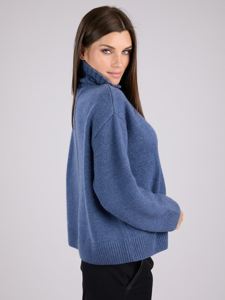Cashmere ribbed knit half-zip sweater with a high collar #BLUE