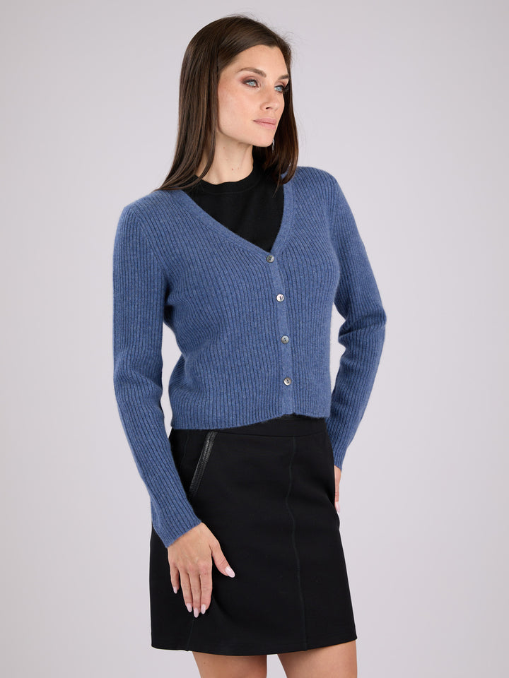 Cashmere light weight ribbed knit cropped cardigan #BLUE