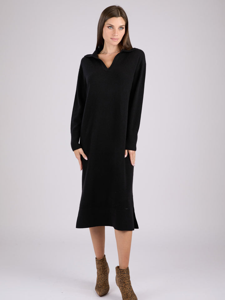 Black long-sleeve cashmere knit polo dress #BLACK