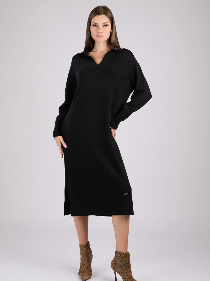 Black long-sleeve cashmere knit polo dress #BLACK