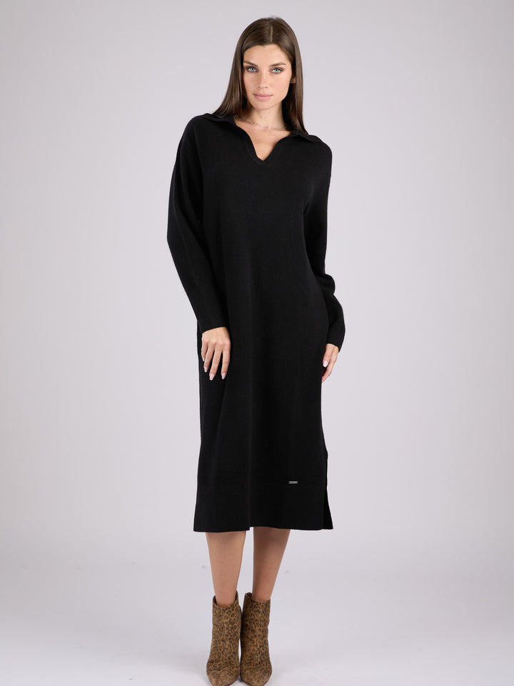 Black long-sleeve cashmere knit polo dress #BLACK