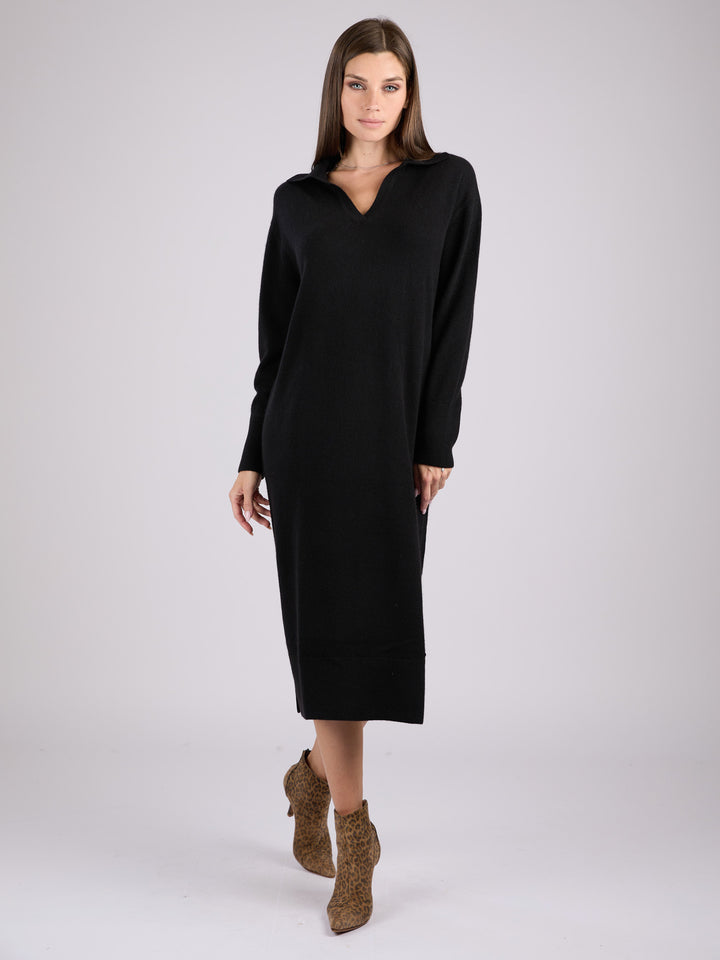 Black long-sleeve cashmere knit polo dress #BLACK