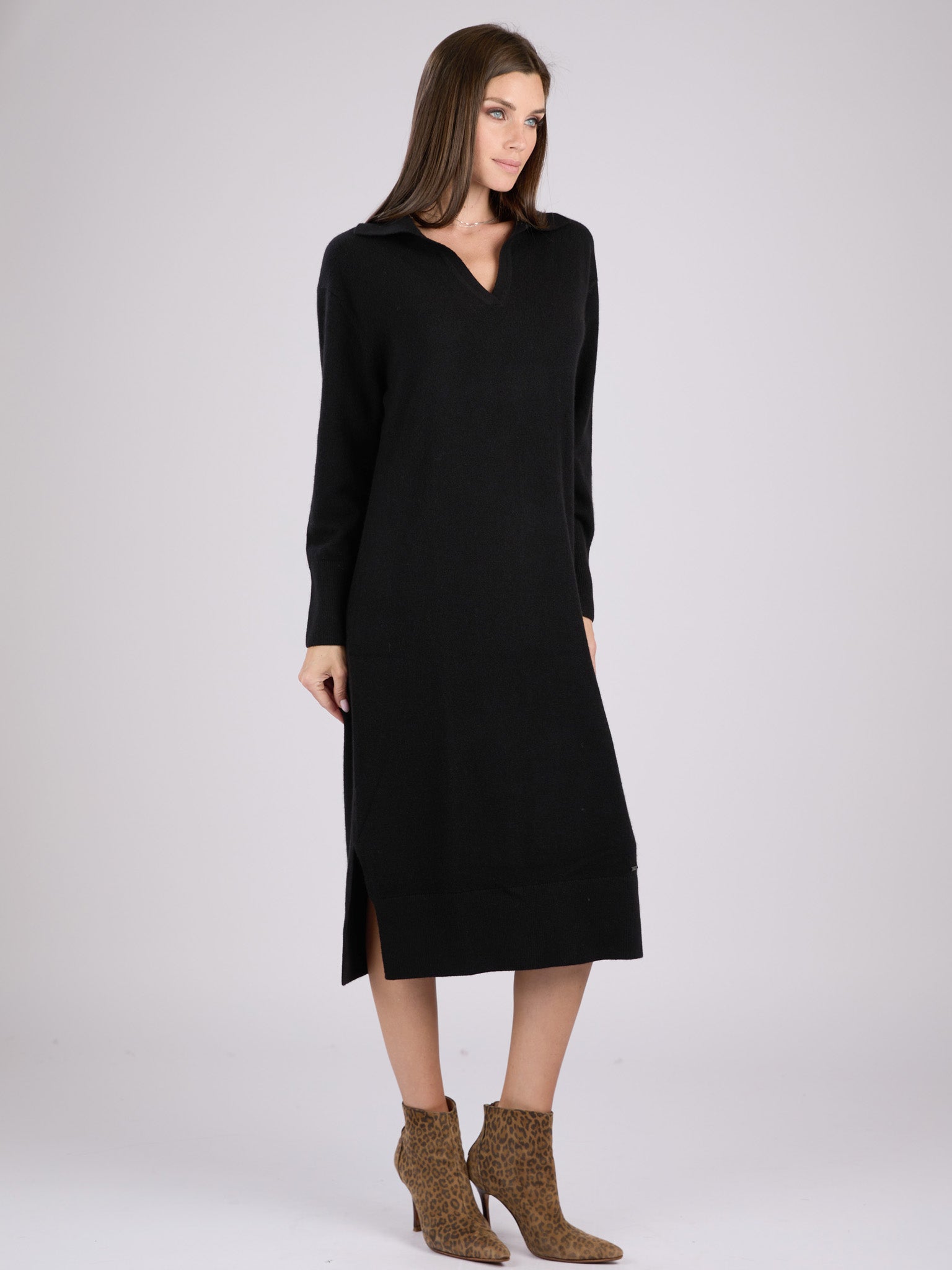Black long-sleeve cashmere knit polo dress #BLACK
