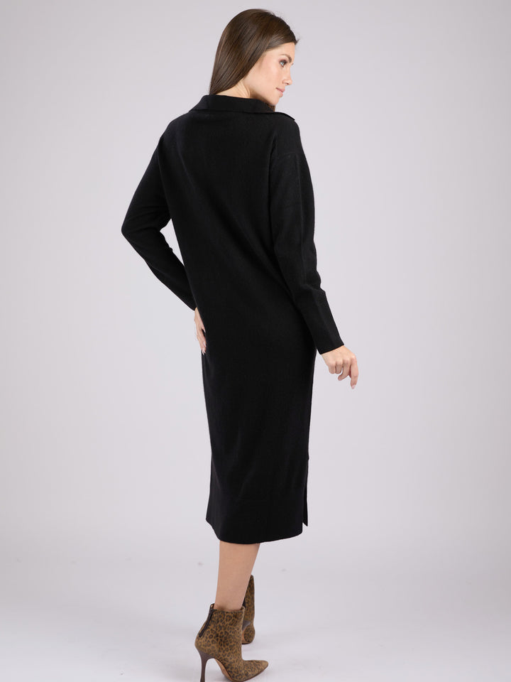 Black long-sleeve cashmere knit polo dress #BLACK