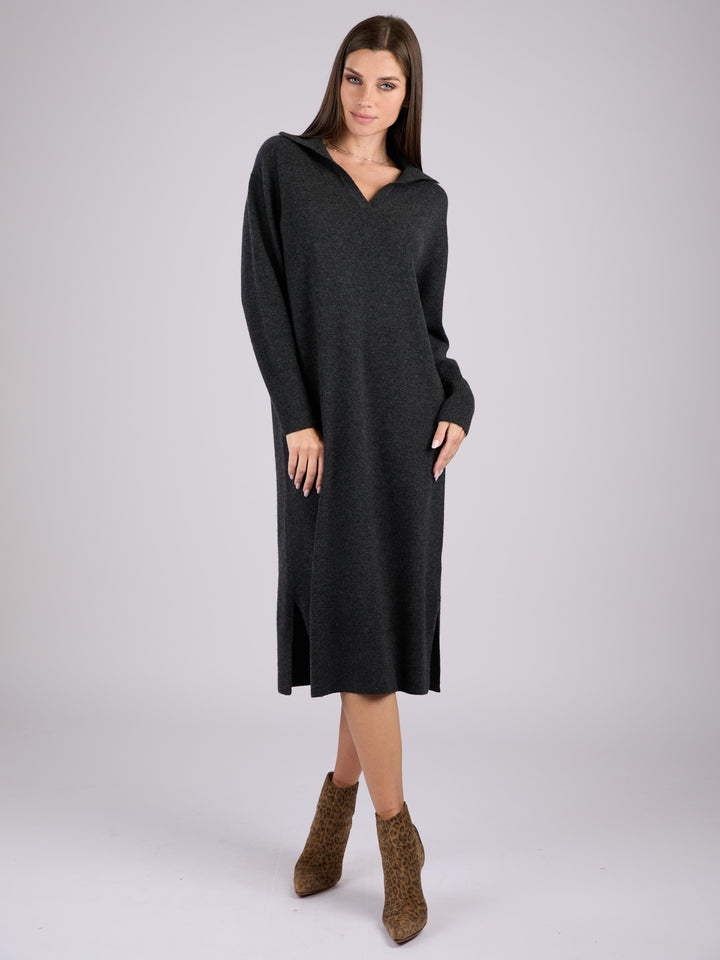 Long-sleeve cashmere knit polo dress #CHARCOAL