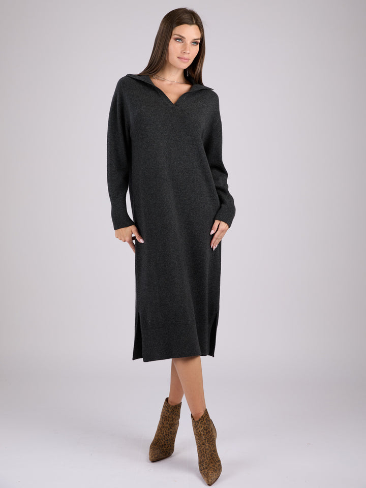 Long-sleeve cashmere knit polo dress #CHARCOAL